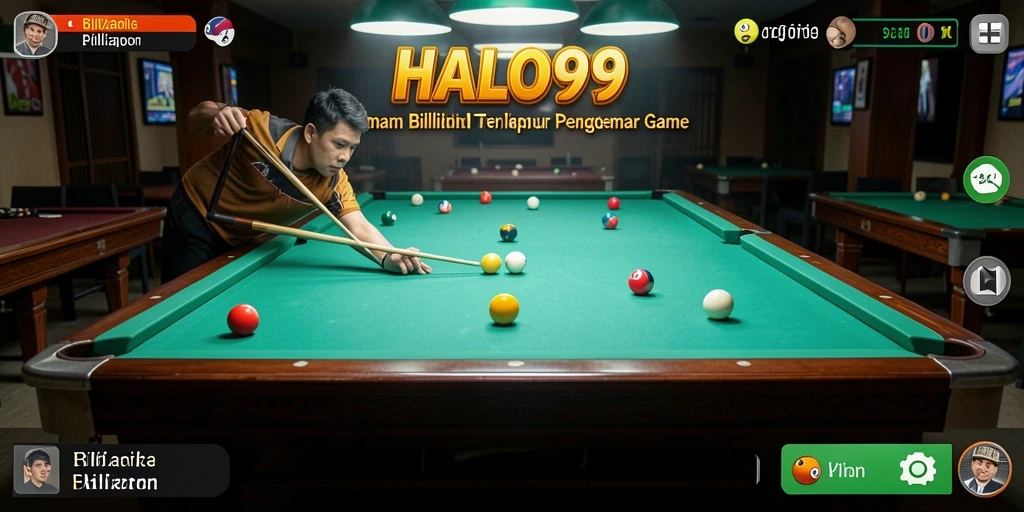 Tampilan antarmuka game billiard yang menarik dan interaktif.