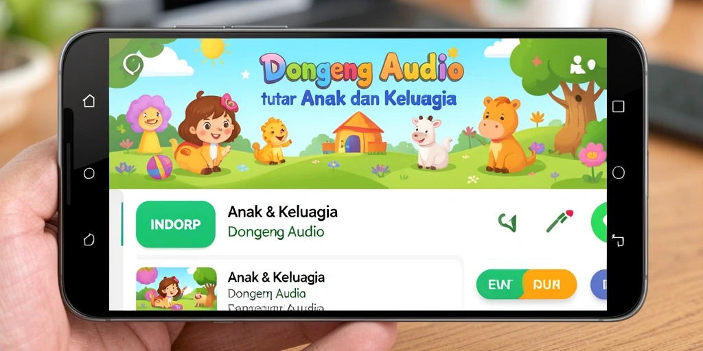Tampilan antarmuka aplikasi Dongeng Audio INDORP yang menawan.