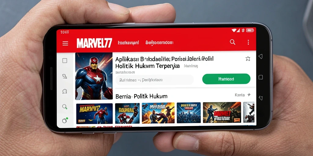 Antarmuka utama aplikasi MARVEL77 menampilkan kategori berita politik hukum.
