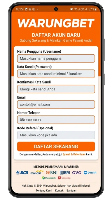 Tampilan halaman daftar warungbet